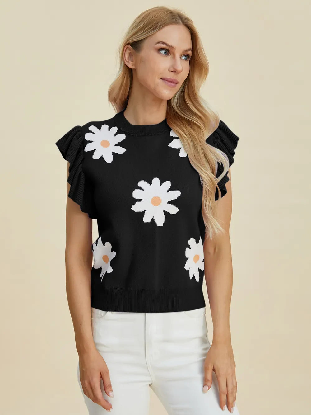 Double Take Full Size Ruffled Flower Round Neck Cap Sleeve Sweater New Era Fashion LLc