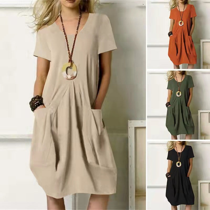 Cotton And Linen Solid Color Loose Round Neck Short Sleeve Dress Grayceful LLC