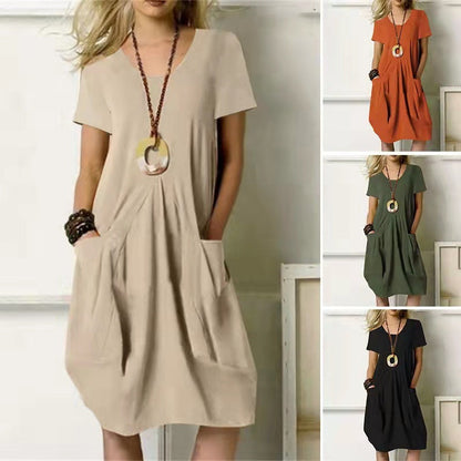 Cotton And Linen Solid Color Loose Round Neck Short Sleeve Dress Grayceful LLC