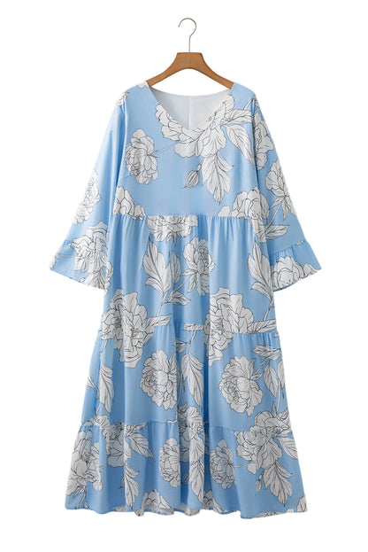 Sky Blue Floral Bracelet Sleeve V Neck Plus Size Tiered Maxi Dress Garden Naked Curves