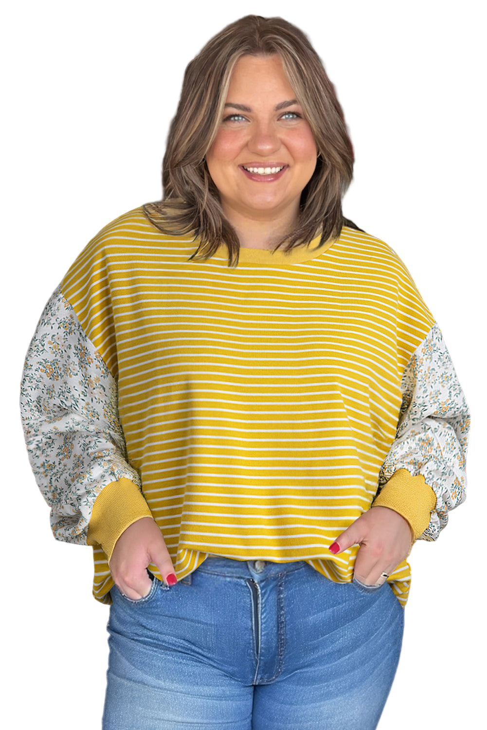Yellow Striped Floral Patchwork Sleeve Plus Size Loose Top Garden Naked Curves
