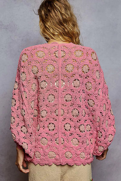 POL Openwork V-Neck Chenille Cardigan with Contrast Floral West2East Surf
