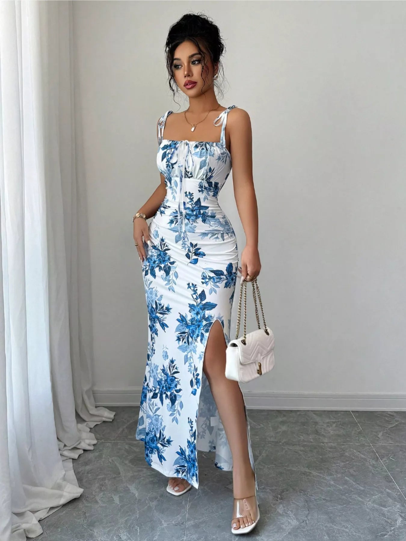 Printed Tie Strap Slit Maxi Dress New Era Fashion LLc