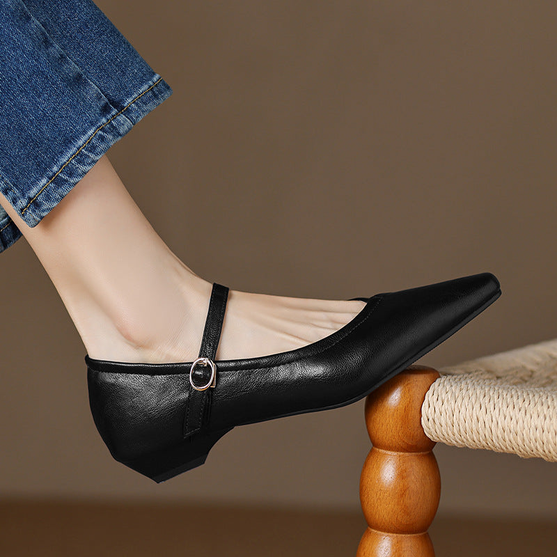Women's Pointed Toe Low Square Heel Buckle Flats – Floral Detail Dress Shoes FitiqueFit
