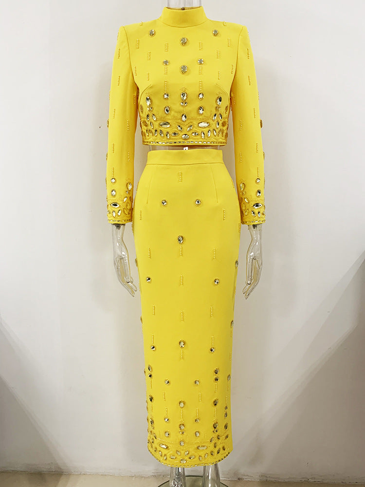 Fashion New Heavy Industry Beads Diamond Inlaid Short Top Long Skirt Suit See size chart under “more details” The Fashion Celestial