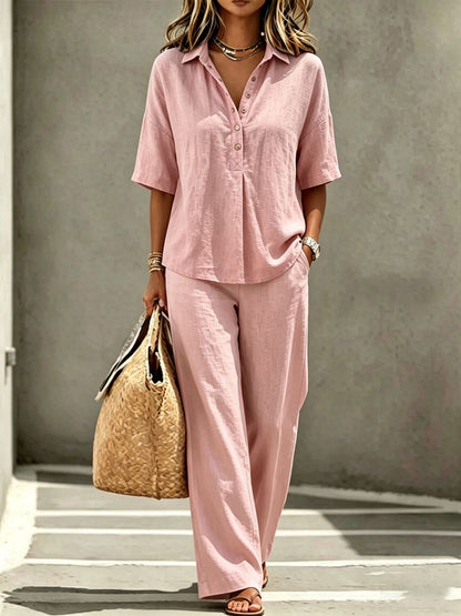 Women's Polo Neck Button-Up Top & Wide-Leg Pants Two-Piece Set FitiqueFit