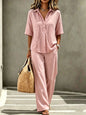 Women's Polo Neck Button-Up Top & Wide-Leg Pants Two-Piece Set FitiqueFit