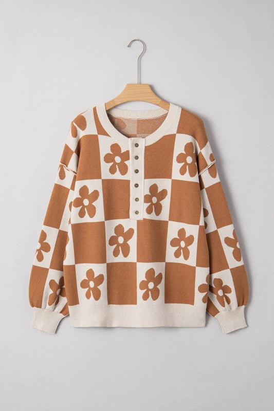 Flower Checker Henley Baggy Sweater Shop Style & More | Fresh Looks, Everyday Deals & Free Shipping