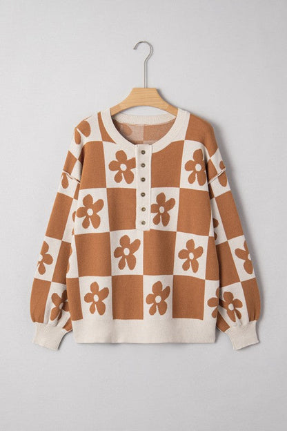 Flower Checker Henley Baggy Sweater Shop Style & More | Fresh Looks, Everyday Deals & Free Shipping