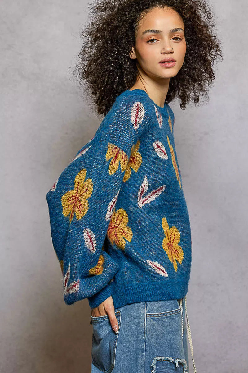 POL Floral Pattern Round Neck Balloon-Sleeve Sweater FitiqueFit