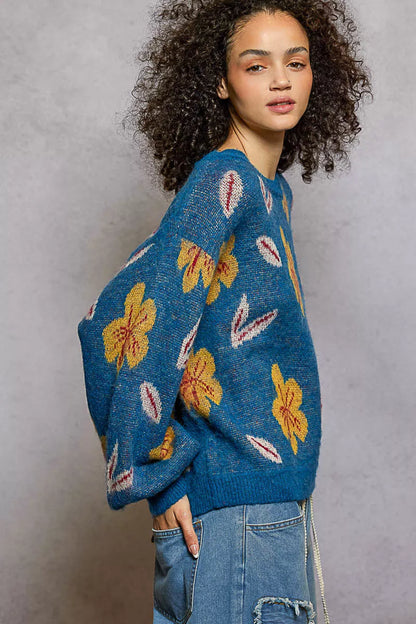 POL Floral Pattern Round Neck Balloon-Sleeve Sweater FitiqueFit