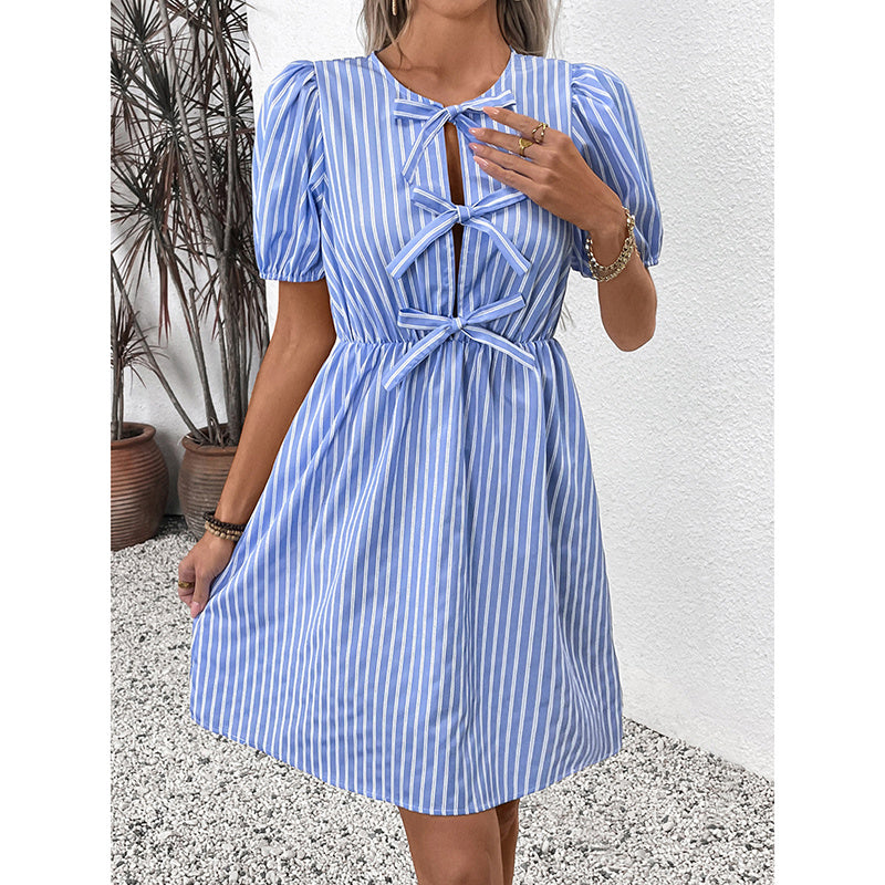 Women’s Striped Tie-Front Puff Sleeve Mini Dress FitiqueFit