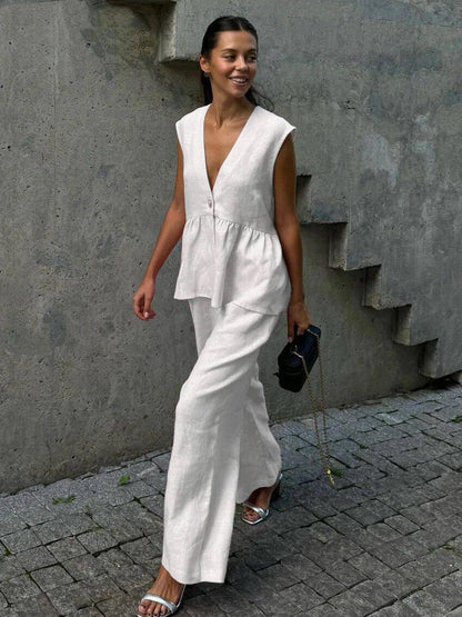 Women’s Cotton V-Neck Sleeveless Vest and Wide-Leg Pants Set FitiqueFit