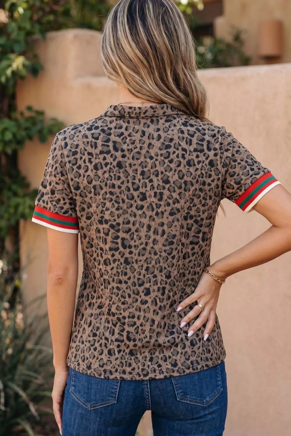 Leopard Jacquard Striped Patchwork Half Zip Short Sleeve Blouse New Era Fashion LLc