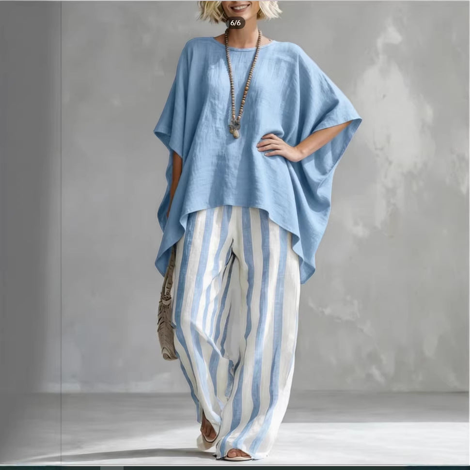 Women's Striped Batwing-Sleeve Loose Linen Two-Piece Set FitiqueFit