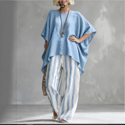 Women's Striped Batwing-Sleeve Loose Linen Two-Piece Set FitiqueFit