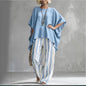 Women's Striped Batwing-Sleeve Loose Linen Two-Piece Set FitiqueFit