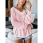 Loose V-Neck Knit Sweater with Plaid Design New Era Fashion LLc