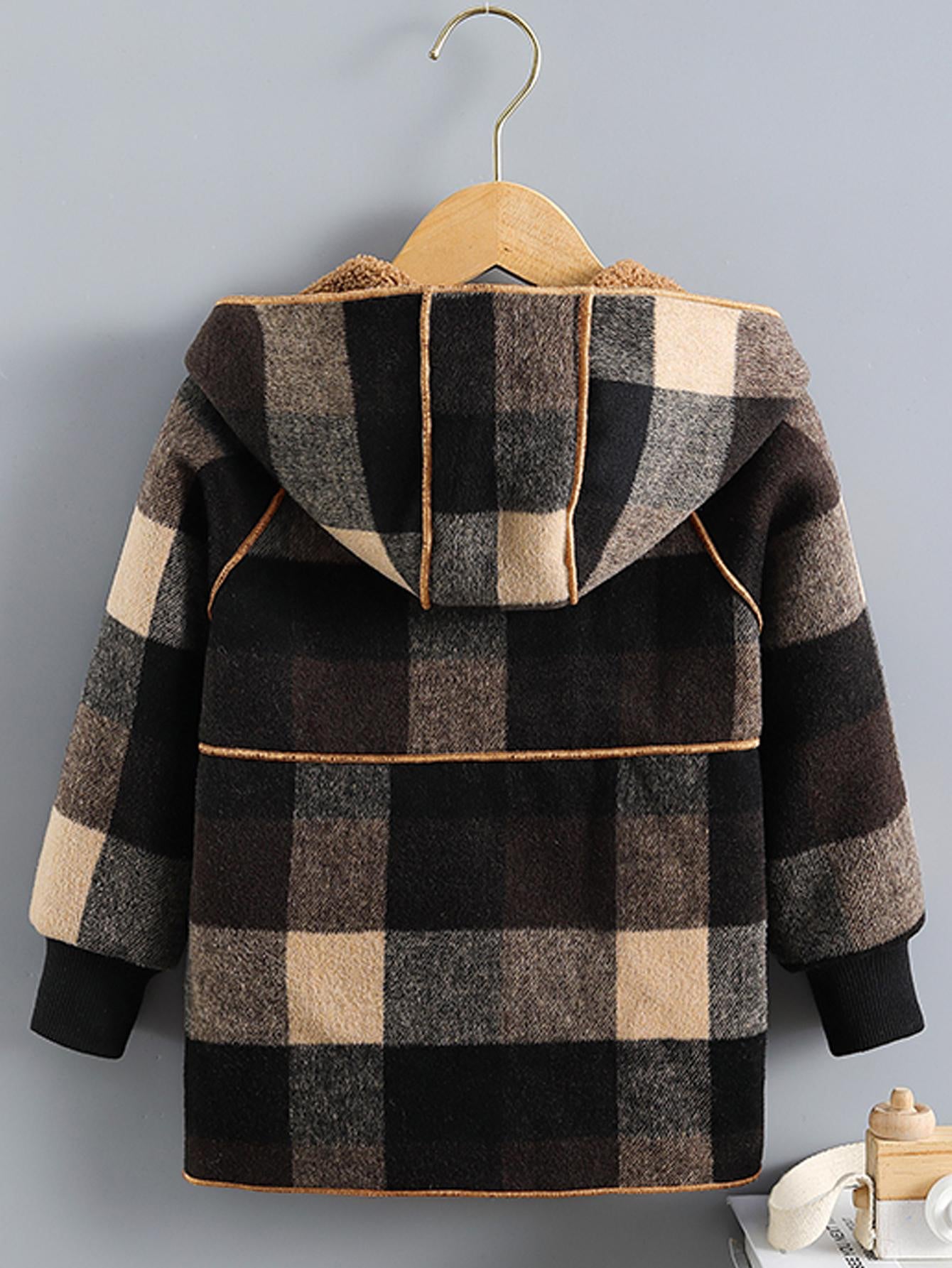 Boys' Long Sleeve Plaid Fleece-Lined Jacket with Button Front & Pockets - Cozy Fall/Winter Warmth, Casual Cardigan Collar, Brown/ Tartan Pattern, Machine Washable For Outdoor Play & Casual Attire, Winter Jacket For Boys, Fall NovaCart