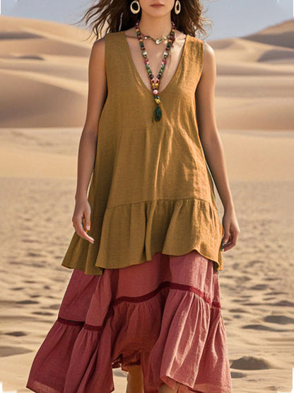 Women's Sleeveless Color-Block Patchwork Maxi Dress – V-Neck FitiqueFit