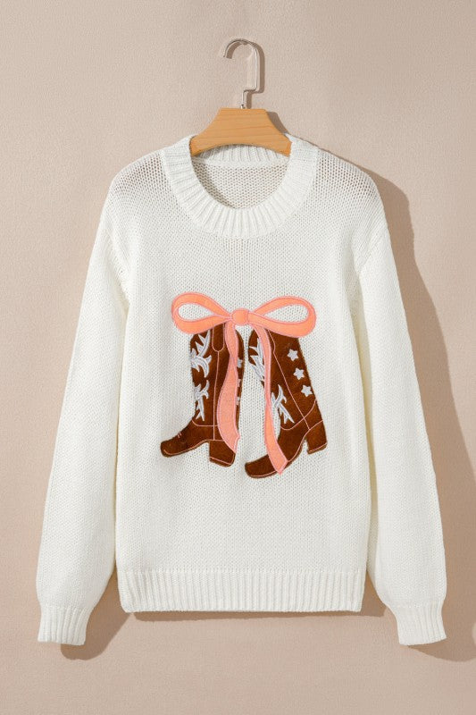Western Bow Boots Embroidered Drop Shoulder Sweate Shop Style & More | Fresh Looks, Everyday Deals & Free Shipping