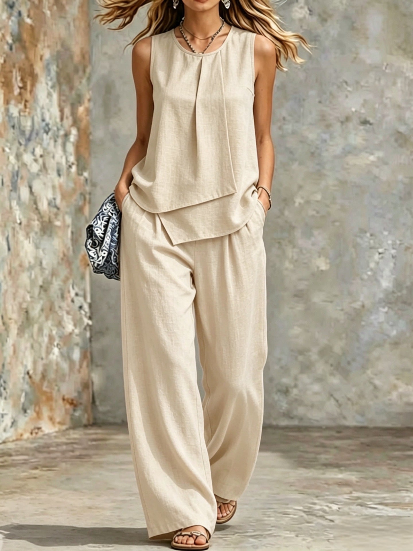 Women's Sleeveless Two-Piece Set – Solid Color Wide-Leg Pants & Top FitiqueFit