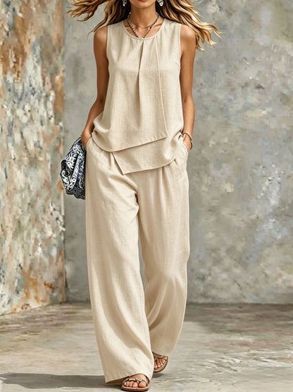 Women's Sleeveless Two-Piece Set – Solid Color Wide-Leg Pants & Top FitiqueFit