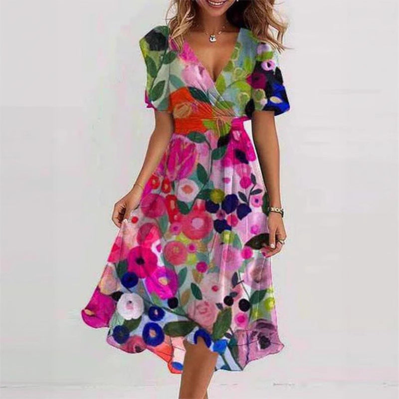 Floral Print A-Line Dress – V-Neck Short Sleeve Midi Dress FitiqueFit