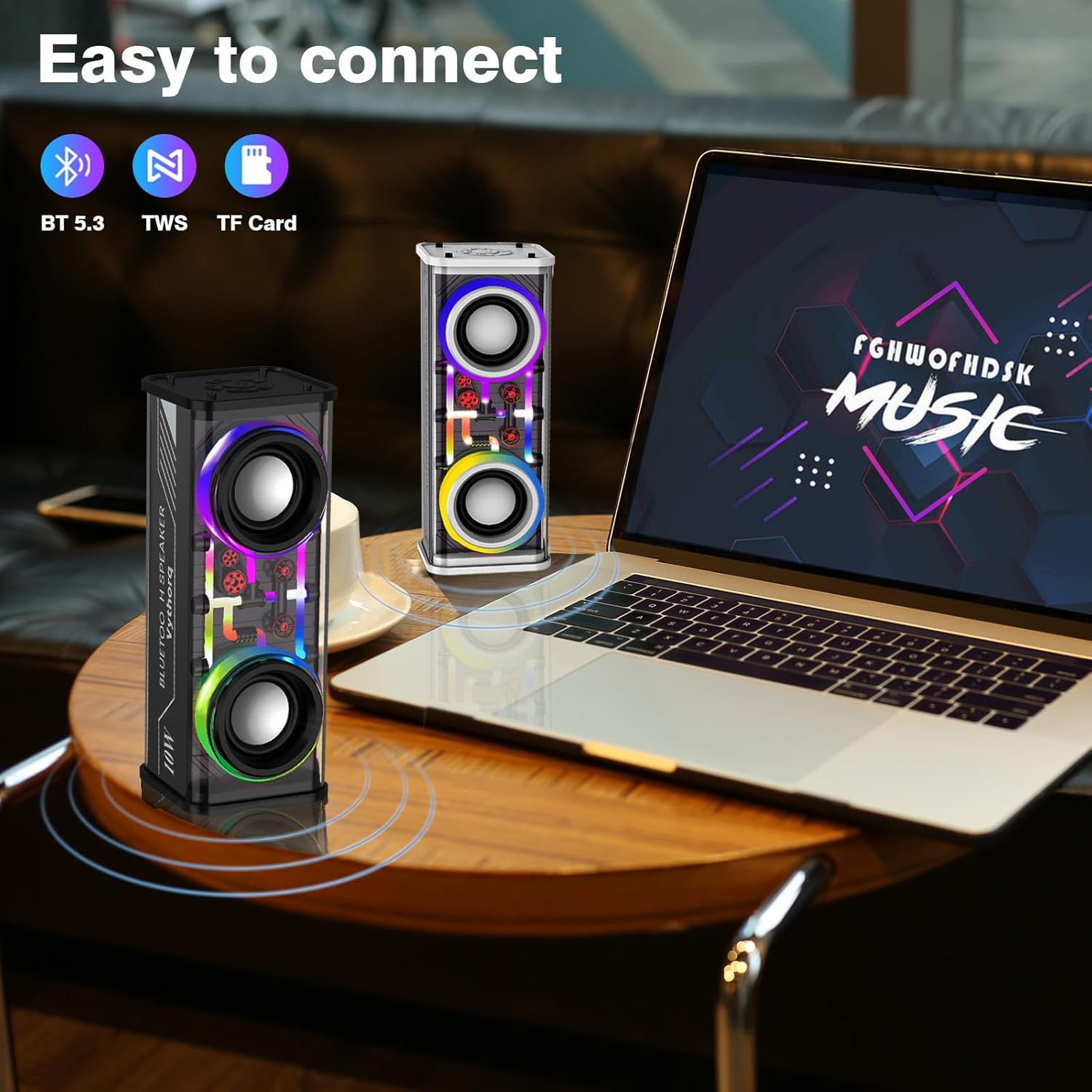 Portable Bluetooth Speaker With LED Lights&Transparent Casing, Bluetooth 5.3 Wireless Outdoor Speakers Support TWS PairingTF Card, 10W Stereo Sound, Electronics For Home, Outdoors, Travel Black New Era Fashion LLc