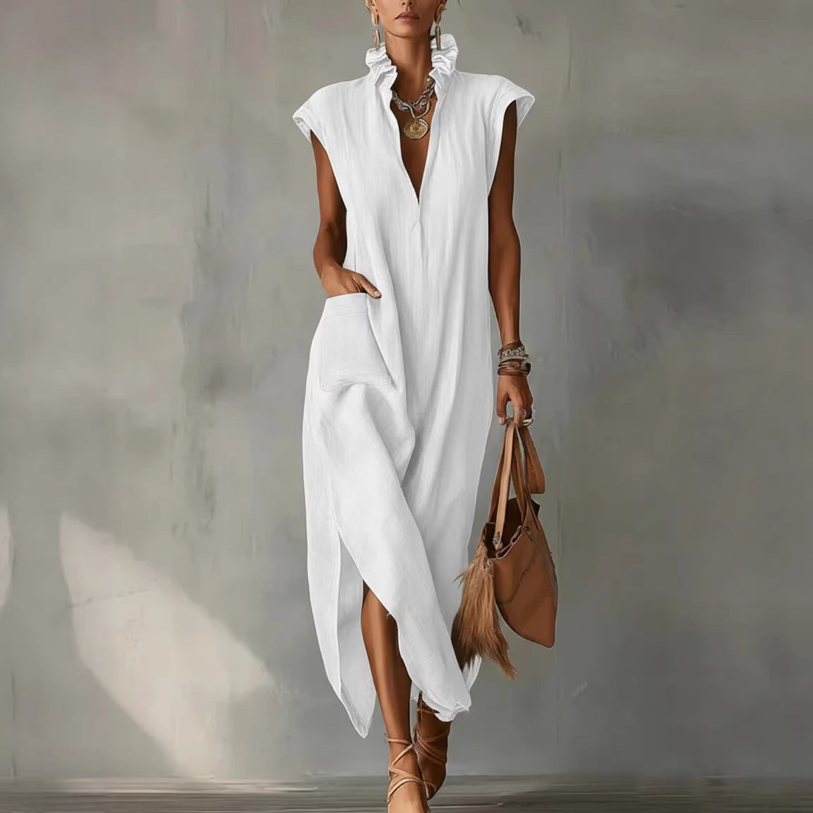 Women’s Cotton-Linen Sleeveless Solid-Color Shirt Dress FitiqueFit