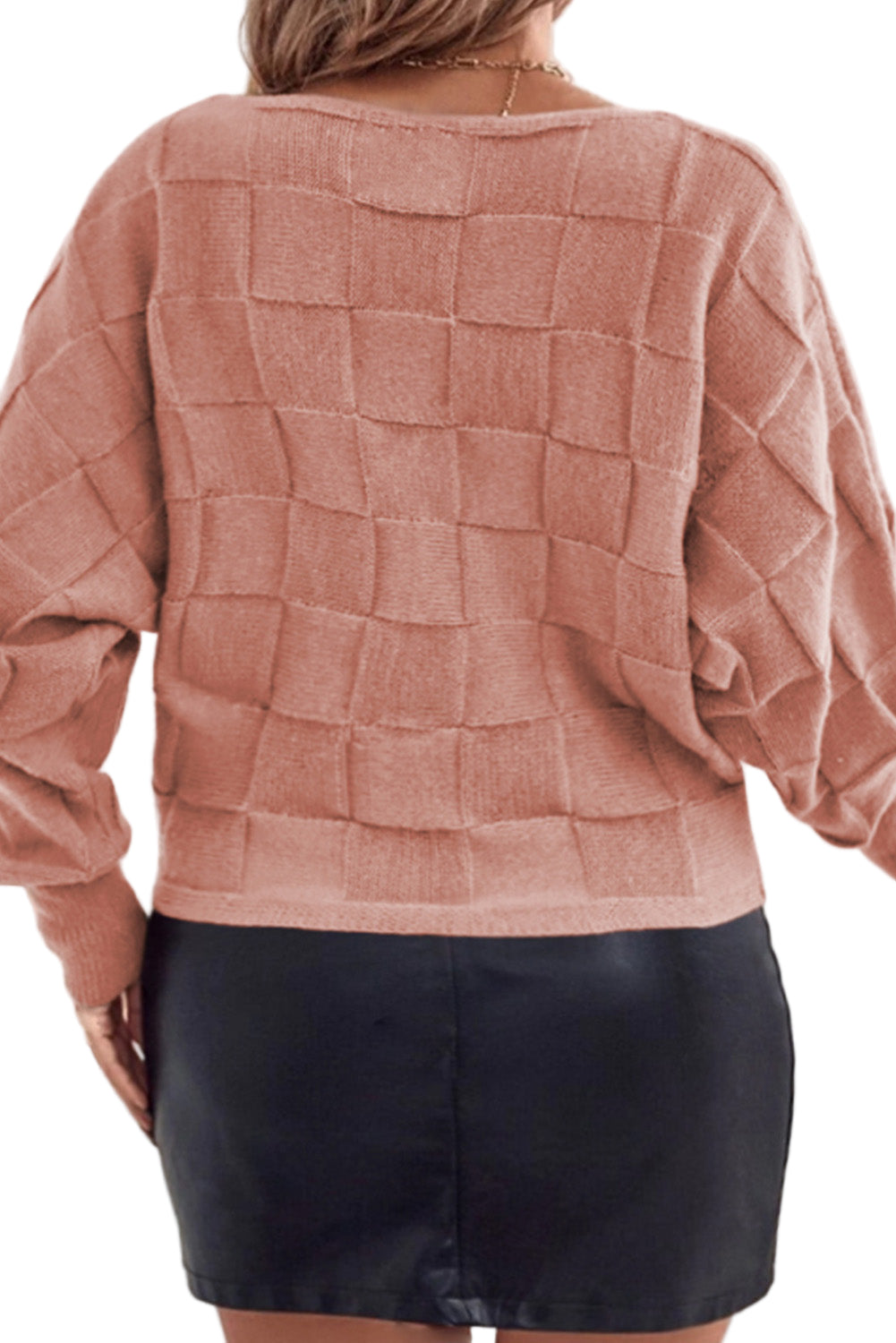 Rose Tan Solid Checkered Textured Knit Plus Size Sweater Garden Naked Curves