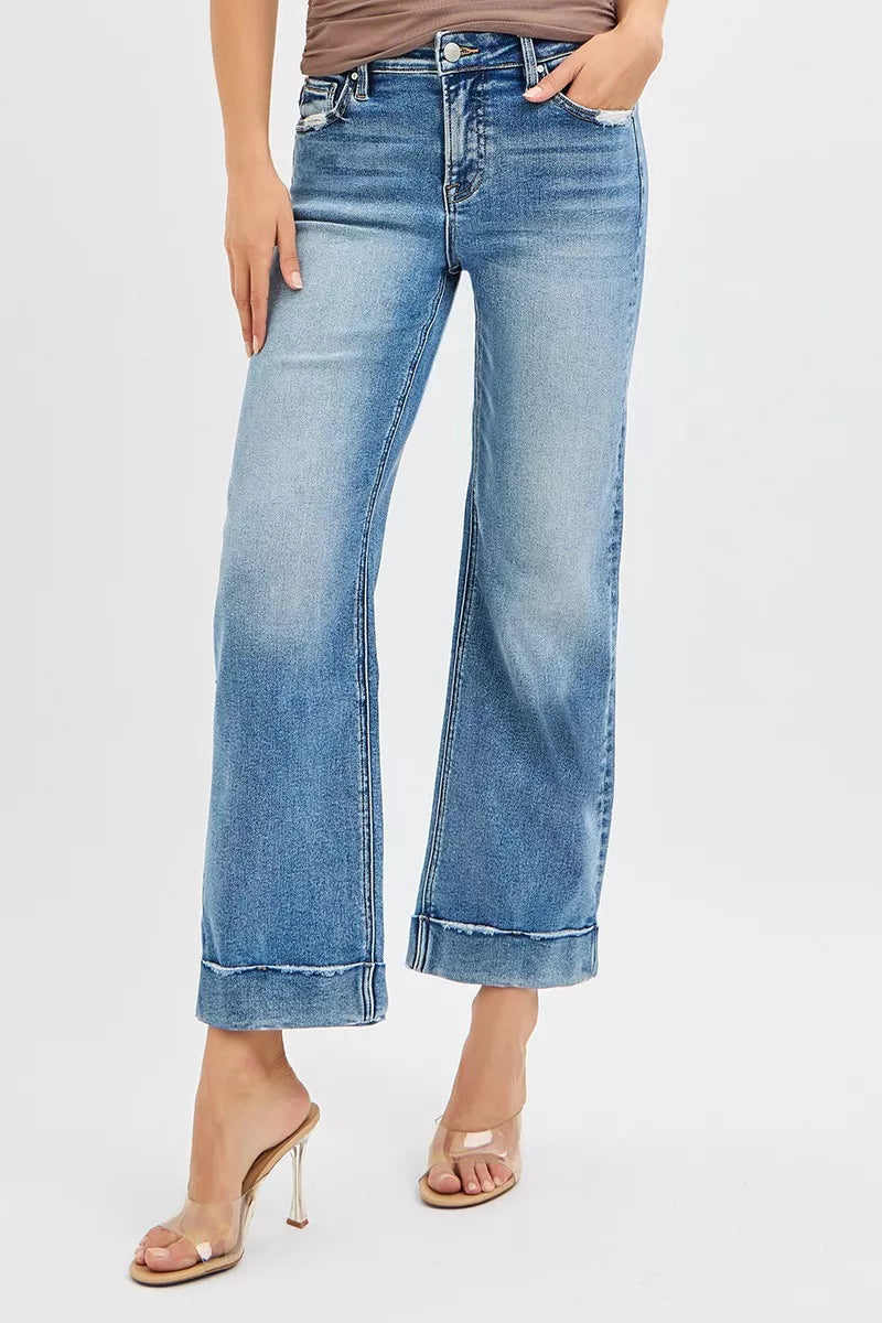 RISEN Full Size Mid Rise Crop Straight Jeans with Taylor Cuffed Plus Size West2East Surf