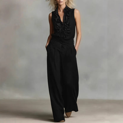 Women’s Linen Blend Two-Piece Set – Sleeveless Shirt & Wide-Leg Pants FitiqueFit