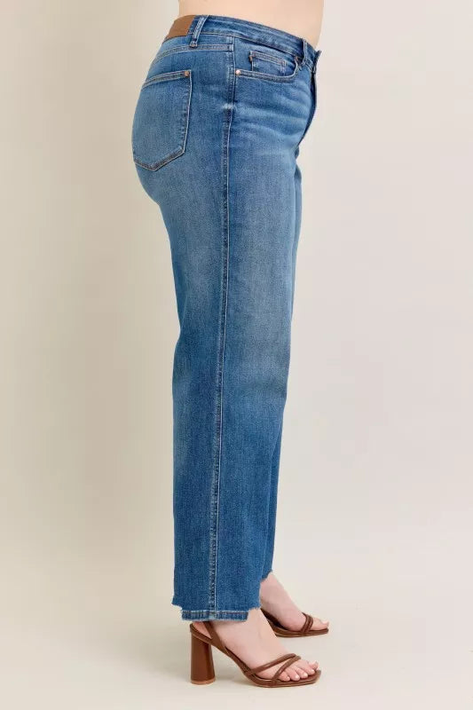 Judy Blue Full Size High Waist Tummy Control Chew Hem Destroy Wide Jeans Plus Size Garden Naked Curves