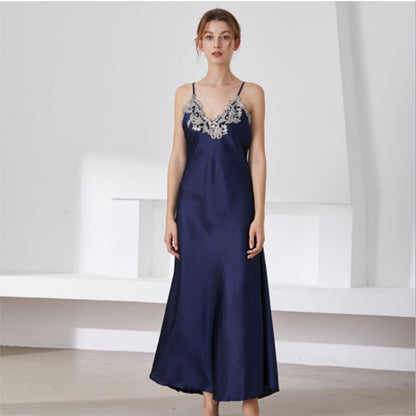 Imitated Silk Lace Sexy V-neck Long Slip Nightdress Pajamas Homewear Grayceful LLC