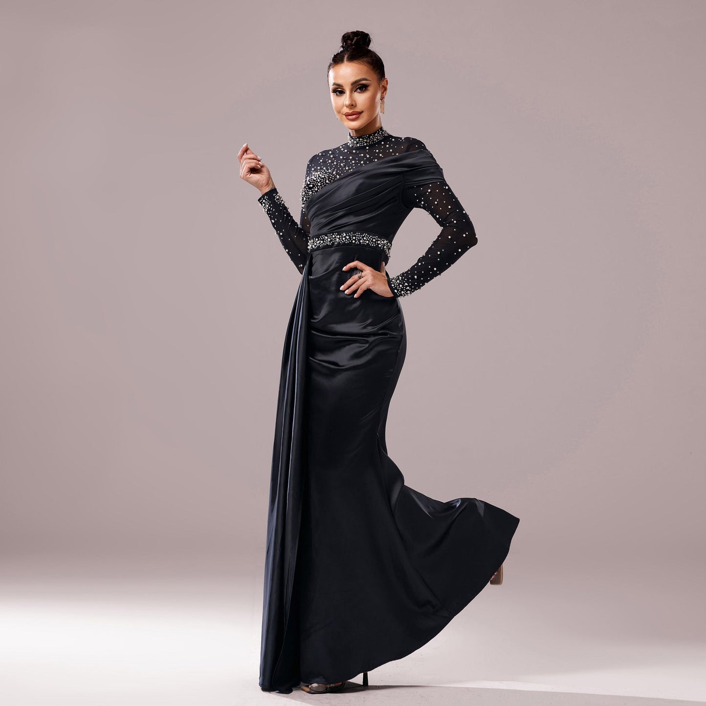 Long Sleeve Slim-fit Sheath Pearl Banquet Fishtail Evening Dress Grayceful LLC