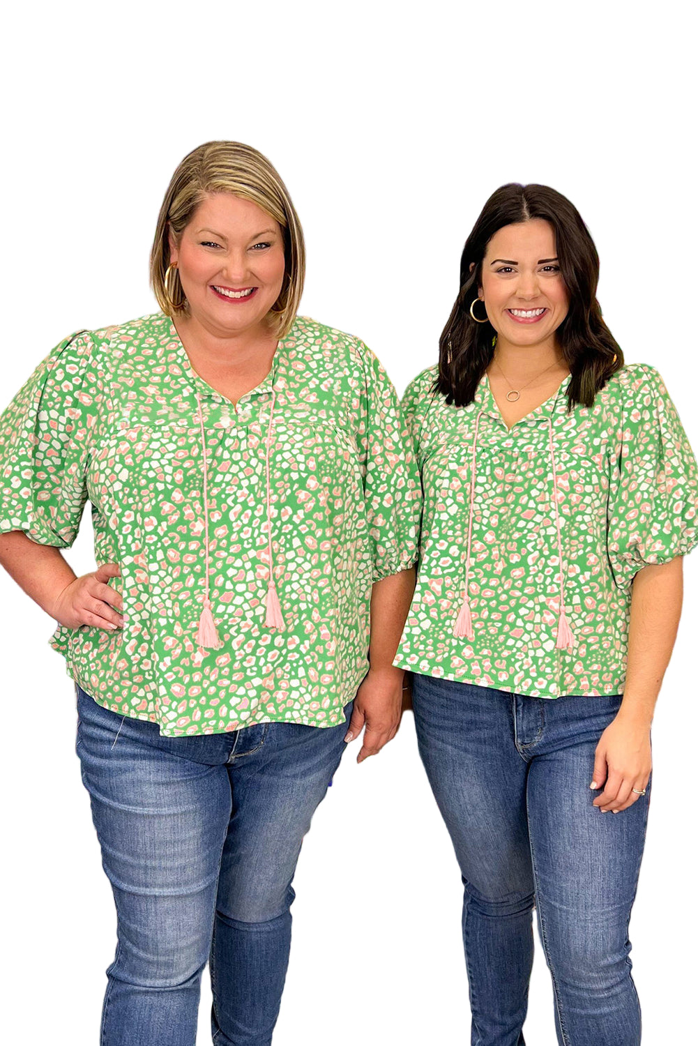 Green Plus Size Leopard Tassel Tie Split Neck Puff Sleeve Blouse Garden Naked Curves