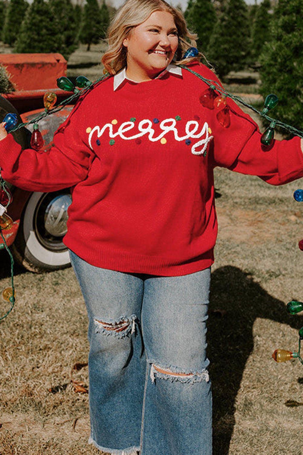 Fiery Red Merry Graphic Christmas Plus Size Sweater Garden Naked Curves