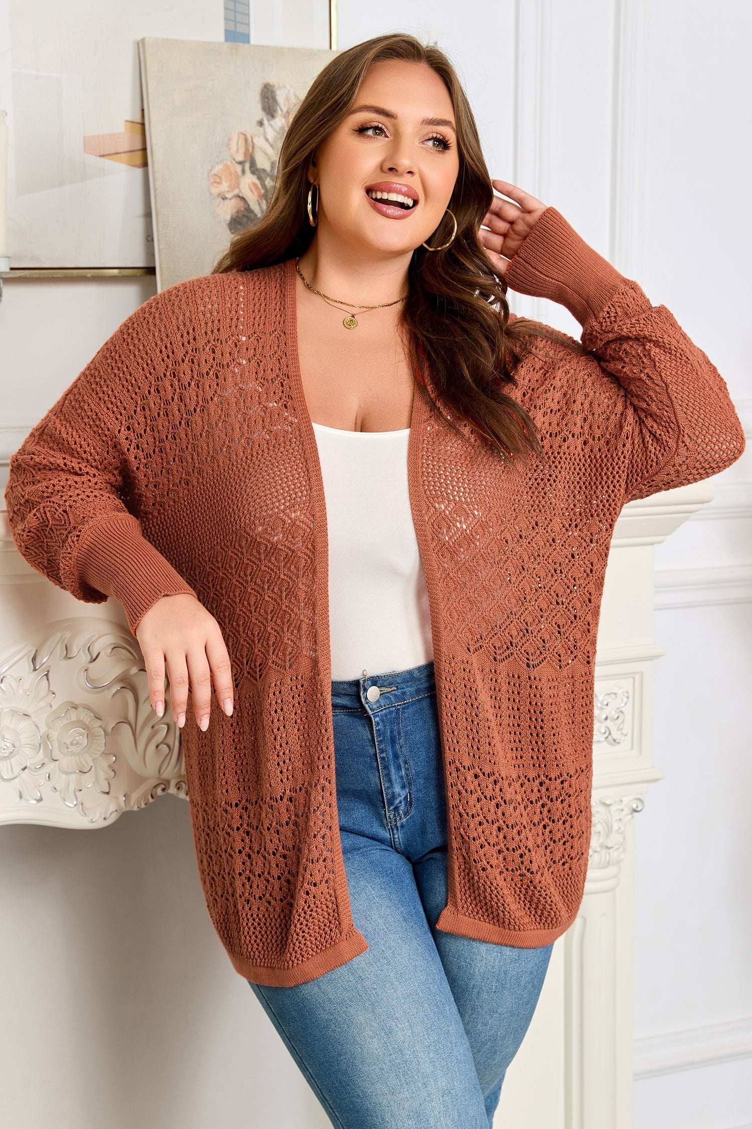 Redwood Burl Mixed Pattern Knitted Open Front Plus Cardigan Garden Naked Curves