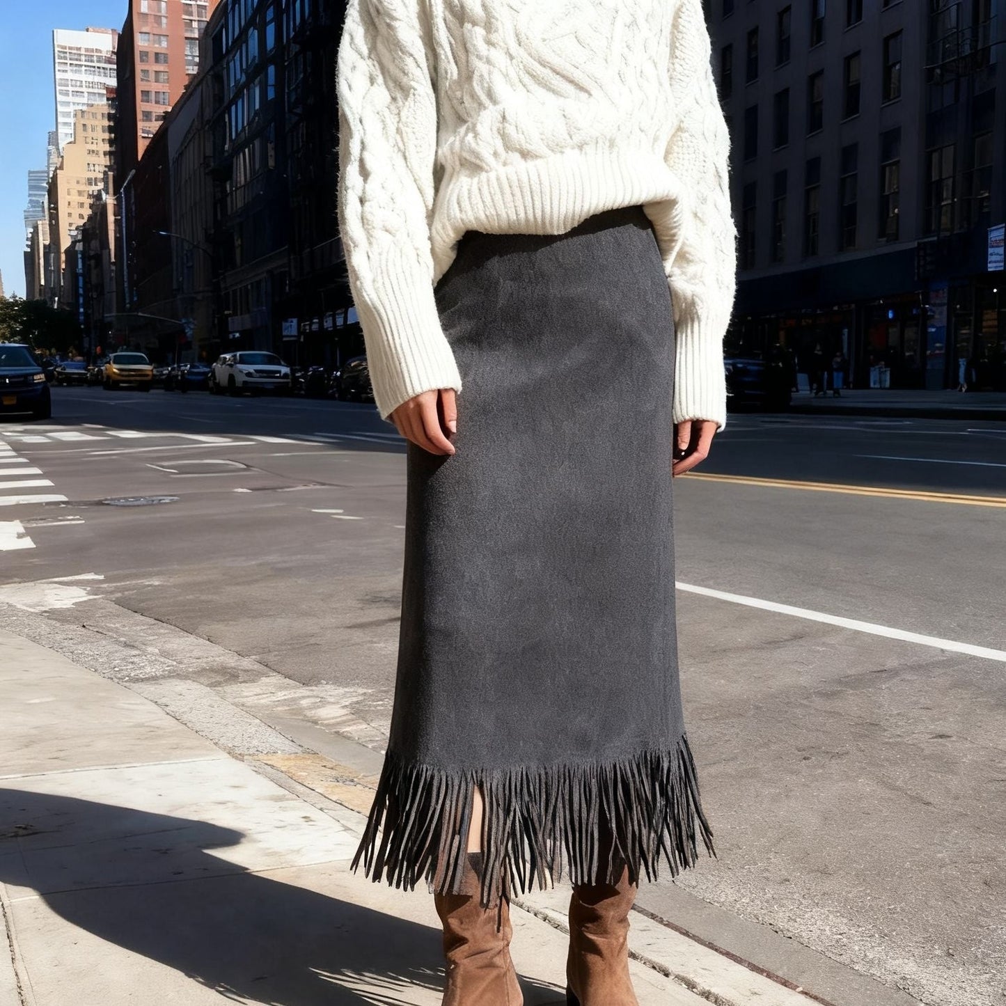 Women's Fashionable Elegant Long Suede Skirt Comfortable Slim Fit Grayceful LLC