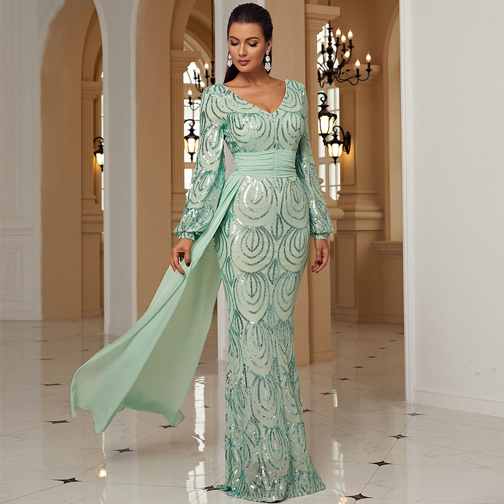 Long Sleeve Sexy Long Sequined V-neck Banquet Ribbon Evening Dress Grayceful LLC