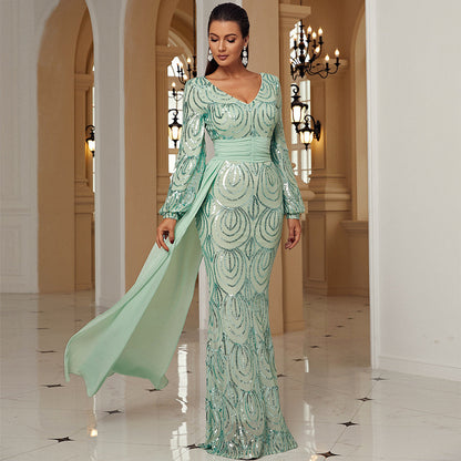 Long Sleeve Sexy Long Sequined V-neck Banquet Ribbon Evening Dress Grayceful LLC