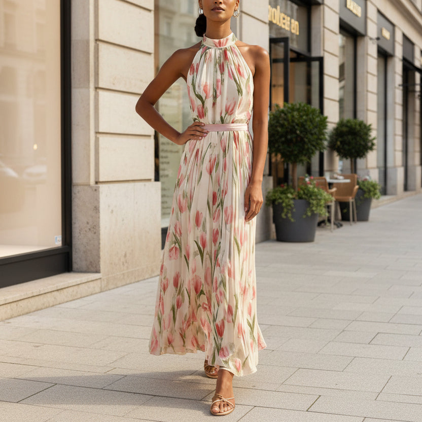 Women's Halterneck High-Waist Swing Dress – Floral & Solid Prints FitiqueFit