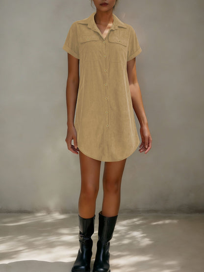 Women’s Retro Casual Corduroy Short Sleeve Shirt Dress FitiqueFit