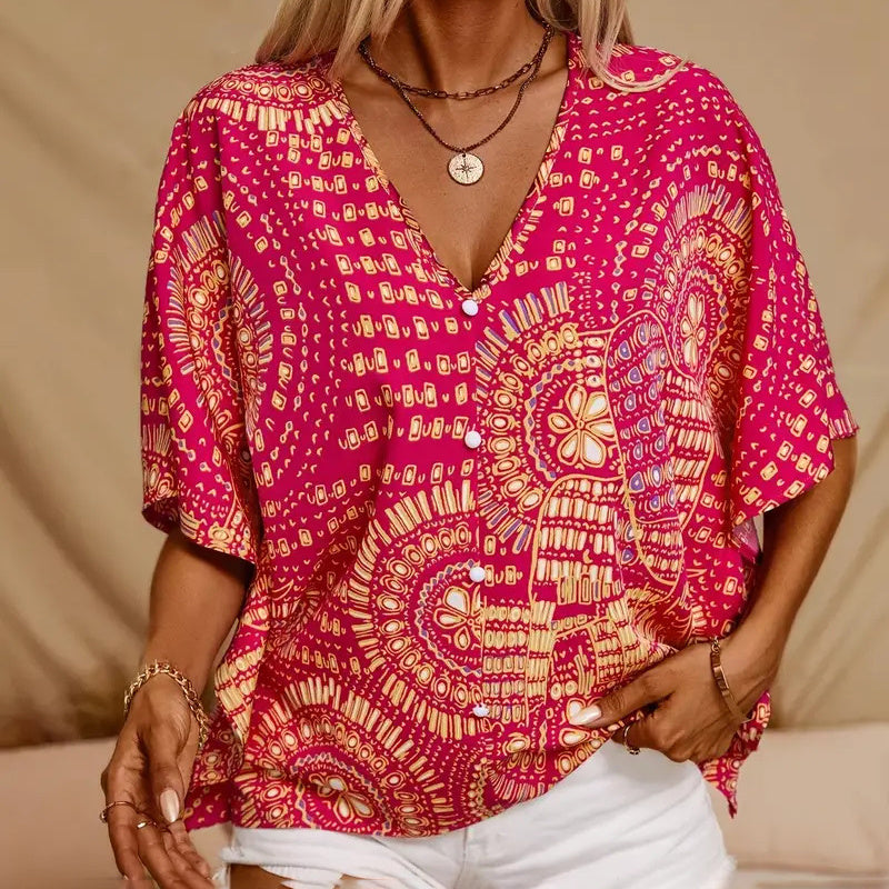 Mandala Print V-Neck Blouse – Casual Vacation Top FitiqueFit
