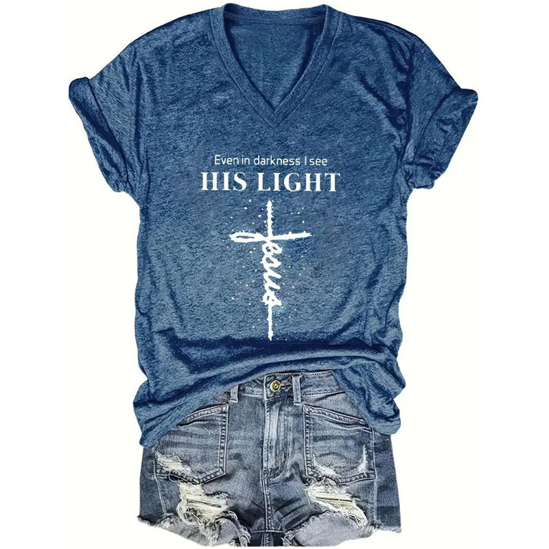 Women's V-Neck T-Shirt Geometric Cross Casual Summer Short Sleeve Top FitiqueFit