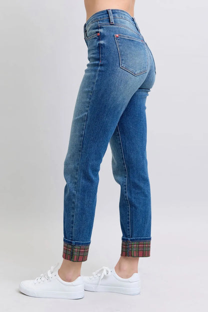Judy Blue Full Size Plaid Print Cuff Straight Leg Jeans with Pockets New Era Fashion LLc