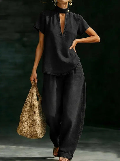 Faux Denim Two-Piece Set – Loose-Fit Short-Sleeve & Pants FitiqueFit