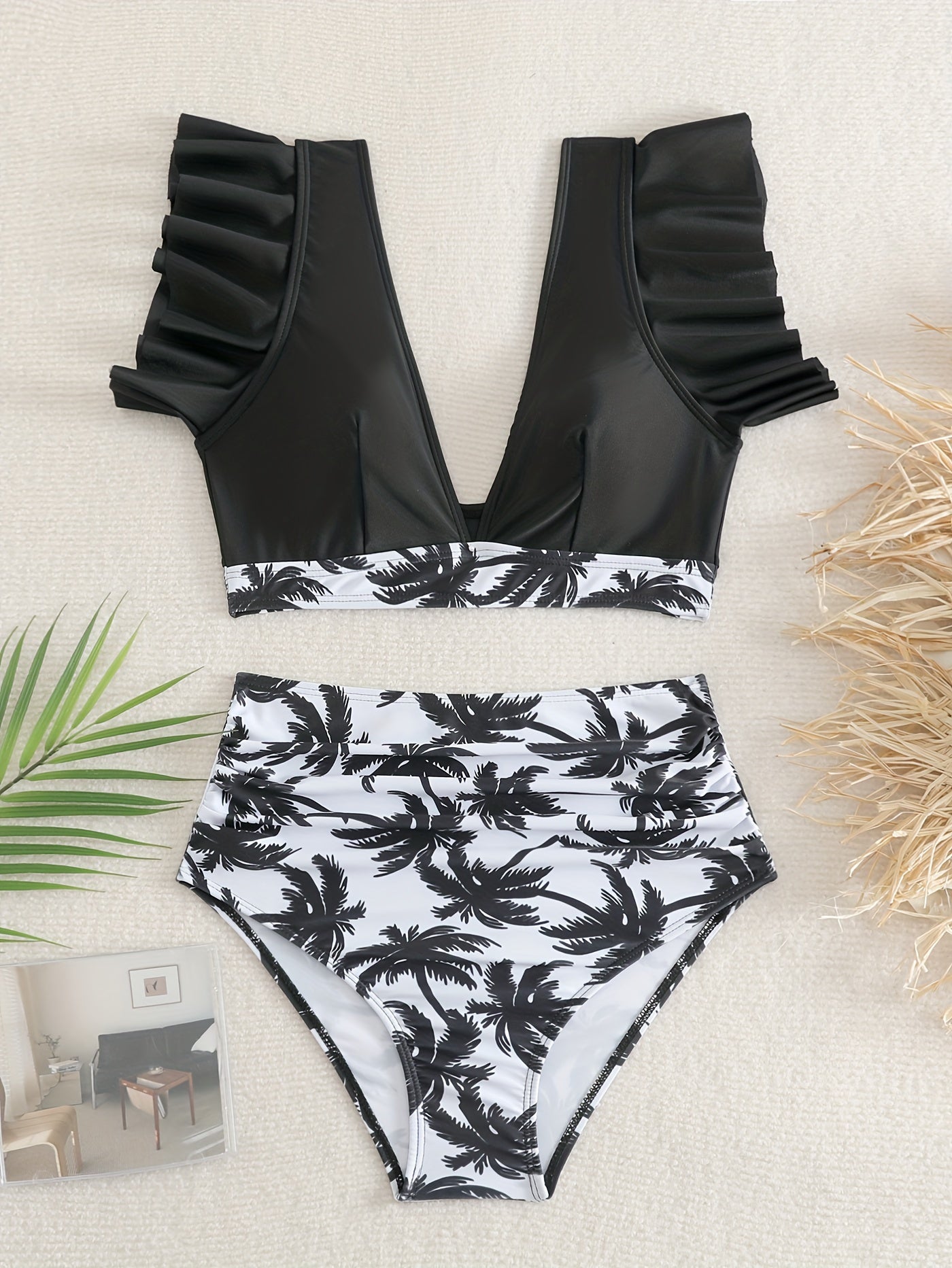 Bikini Black Solid Color Ruffle V Neck 2 Piece Swimsuit for Women – High Waisted Flattering Bikini Set with Lettuce Trim Bottoms – Sleek Stretchy Fabric Swimwear for Beach Days Poolside Style and Summer Vacation Looks Stevvex
