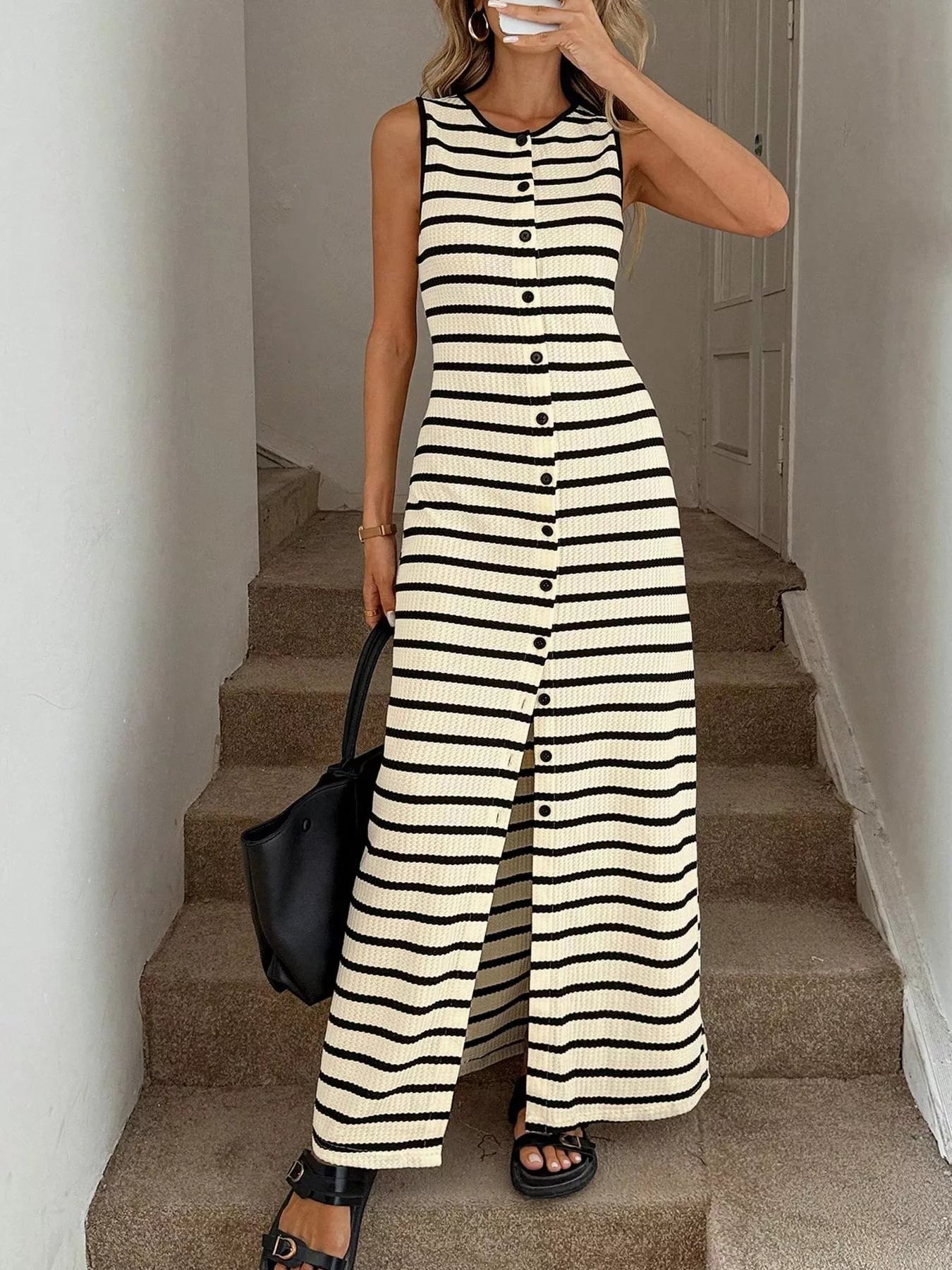 Striped Button-Front Sleeveless Slit Maxi Dress New Era Fashion LLc